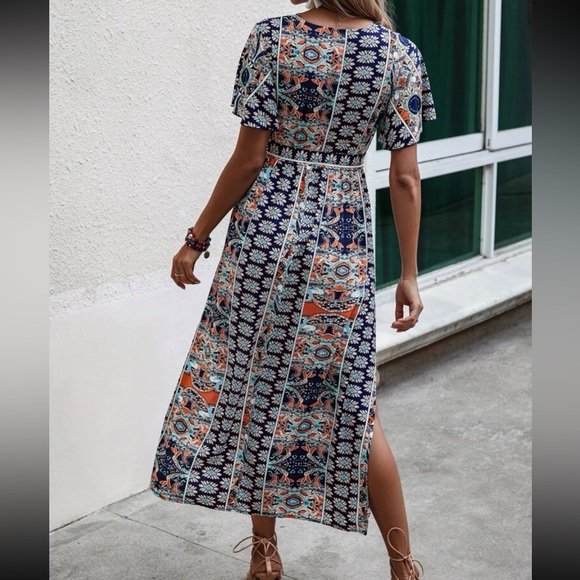 Boho Floral Paisley Print Side Silt Cottagecore Dress Navy Blue - Picture 4 of 12